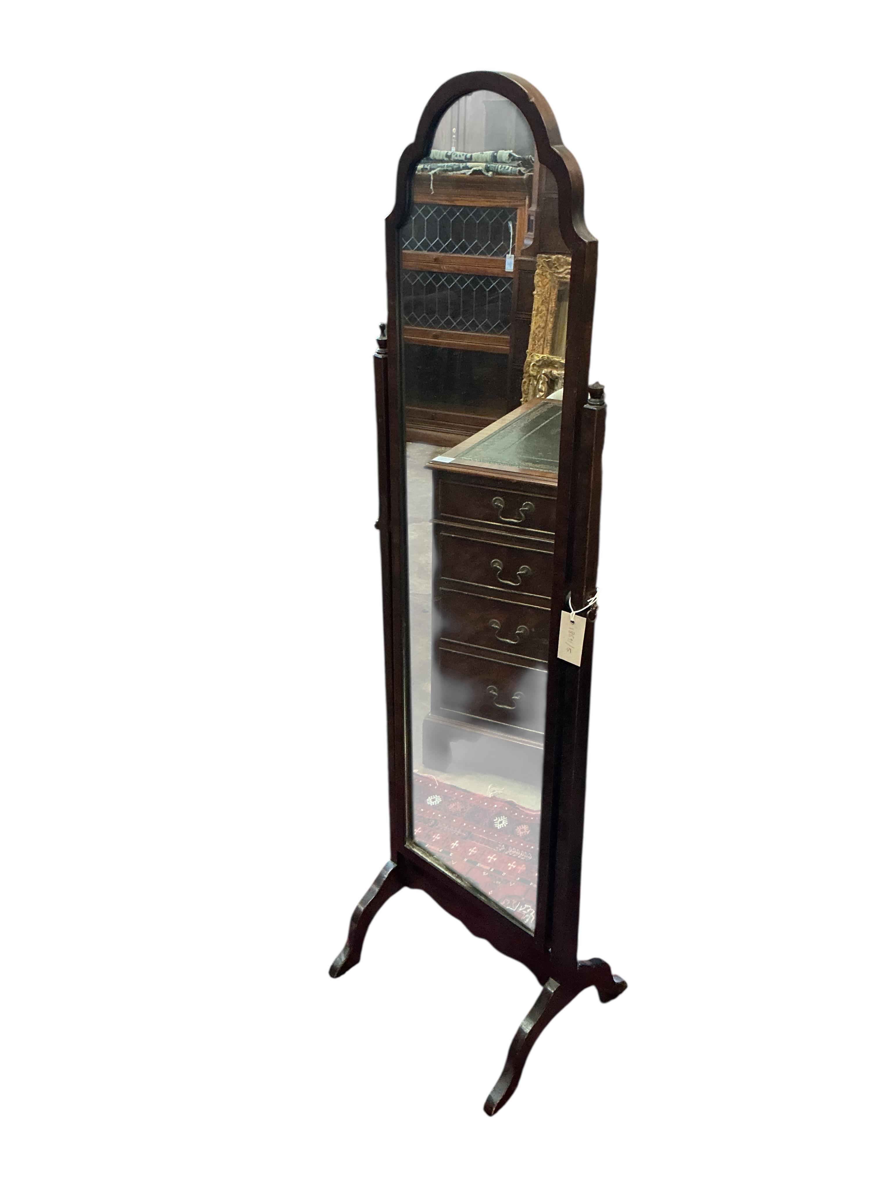 An early 20th century mahogany cheval dressing mirror, width 40cm, height 141cm